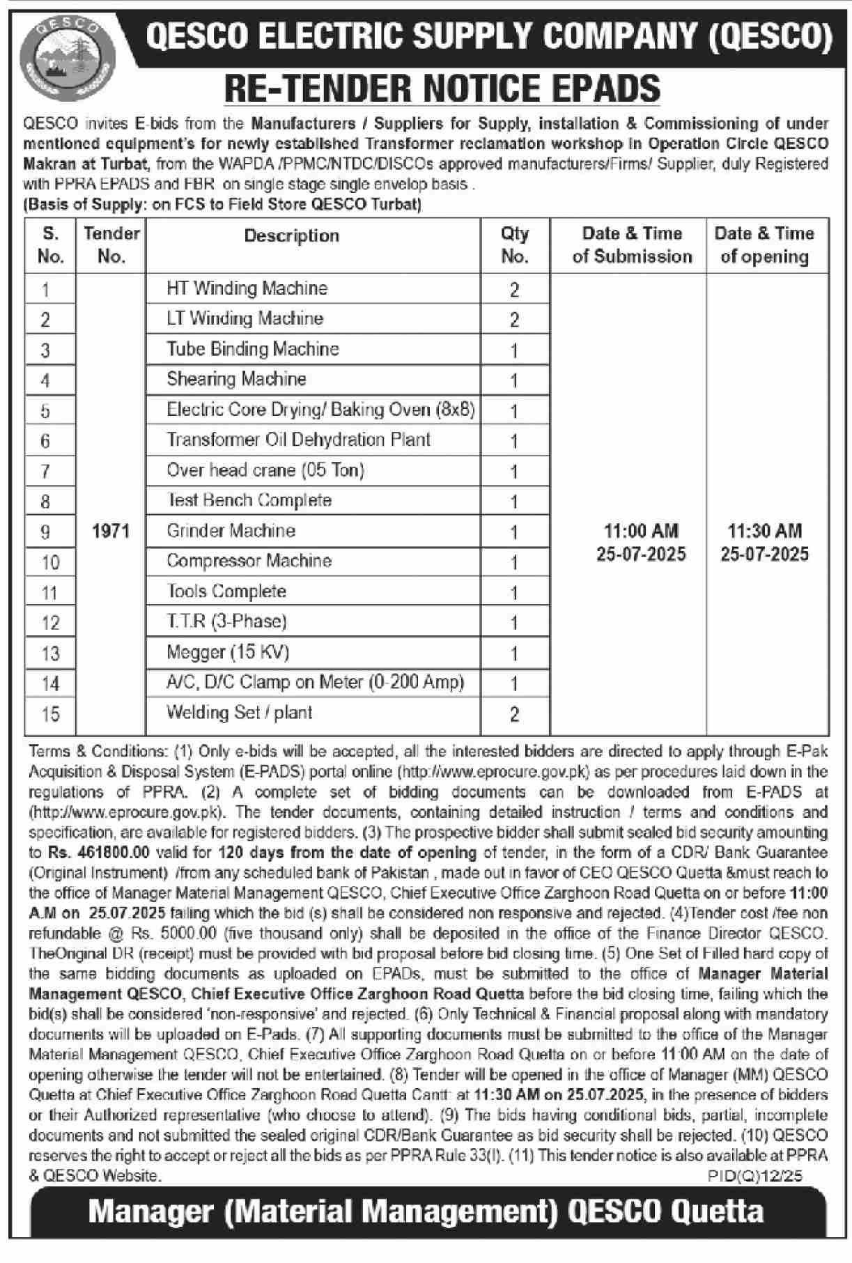 QESCO Electric Supply Company Quetta Tender Notice